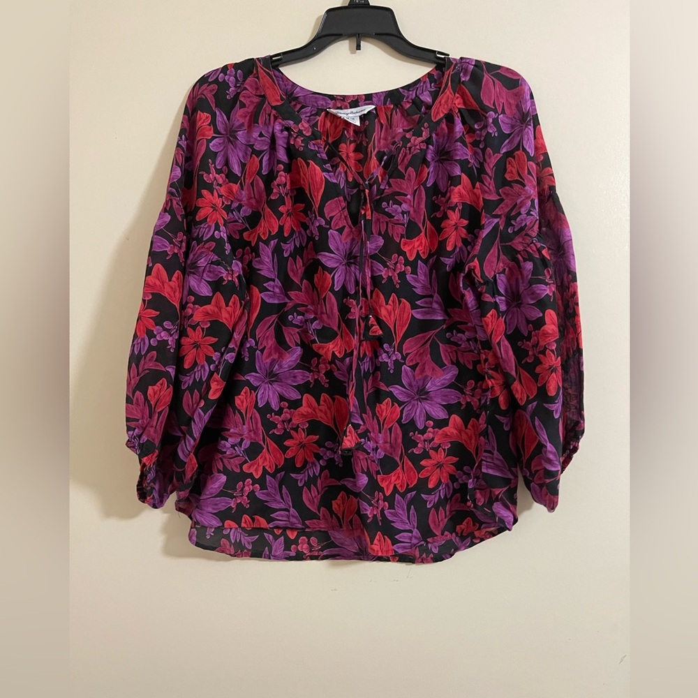 Tommy Bahama Vneck Multicolor Floral 3/4 Balloon Sleeve Pullover Blouse Sz M